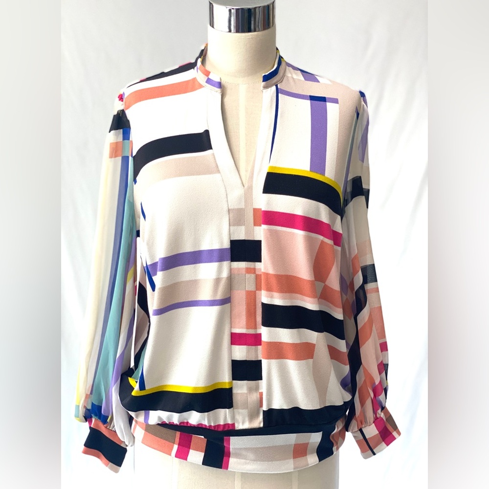 7th‎ AVENUE New York & Company vintage geometric blouse with sheer sleeves Sz S